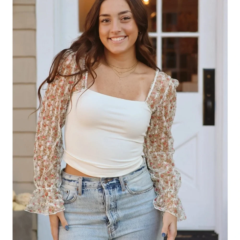 NWT Free People Intimately Gimme Butterflies Cream Floral Sheer Sleeve Blouse